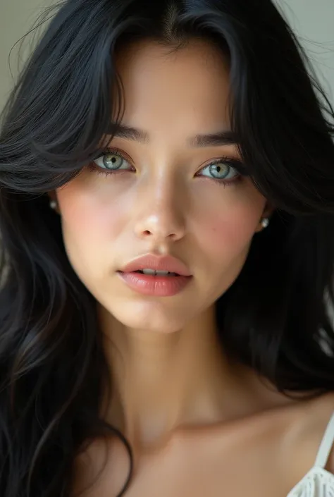 generate the face of a young, attractive woman, 20 years old, with black hair, light eyes, and defined lips.