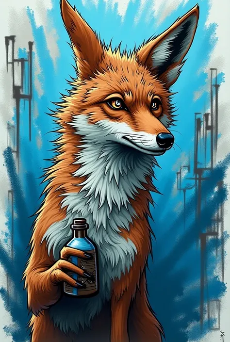 Create photo with a coyote profile in front of nervous blue skin graffiti drawing style with one of its paws holding a bottle 