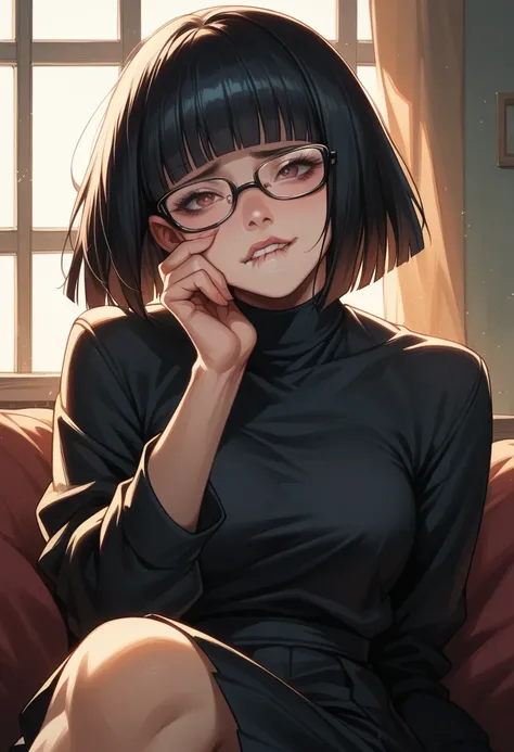 score_9_presence, score_8_up, score_7_up, sexy female, Hyper realistic, perfect face, perfect lighting, Black hime cut, Straight Hair, short hair, Glasses, biting lower lip, Long maxi skirt