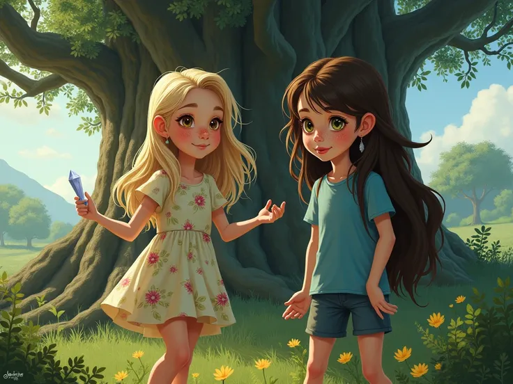 A girl, Lily, about ten years old, with delicate facial features and fair skin. She has light brown eyes, also has plump lips, her hair is blonde and loose, she is wearing a light dress with floral patterns and is drawing a spell in the air, while Sarah is...