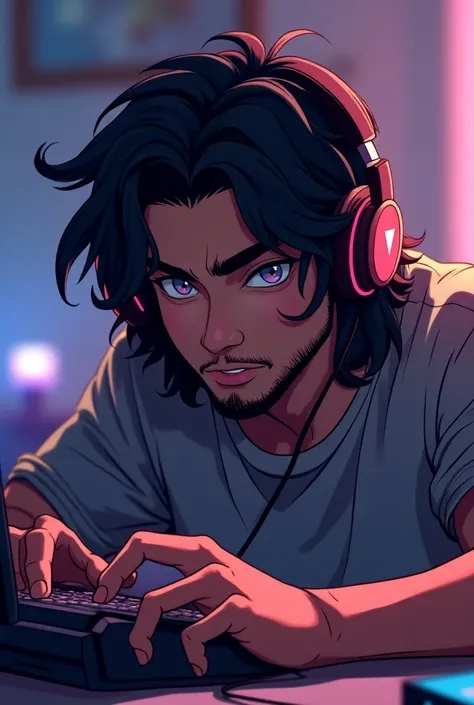 playing video game , wearing headphones and long wavy hair  and normal beard as a 18 year Indian handsome  boy as a anime character diamond eyes