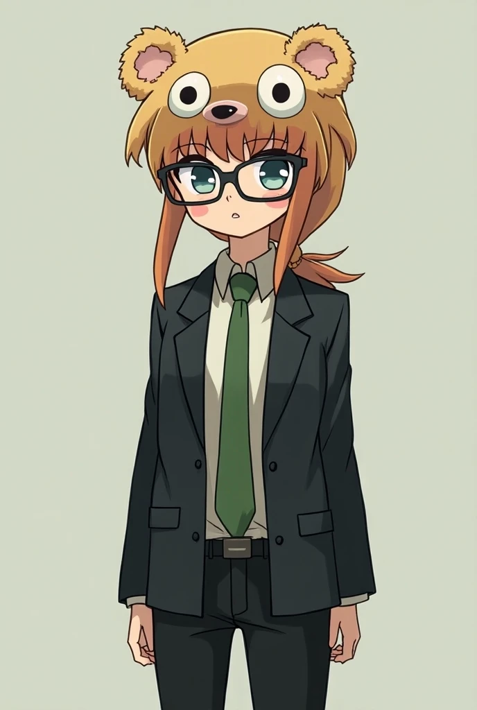 A tall, slender, round-faced high school student in a black blazer with Japanese fuzzy head glasses and a green tie