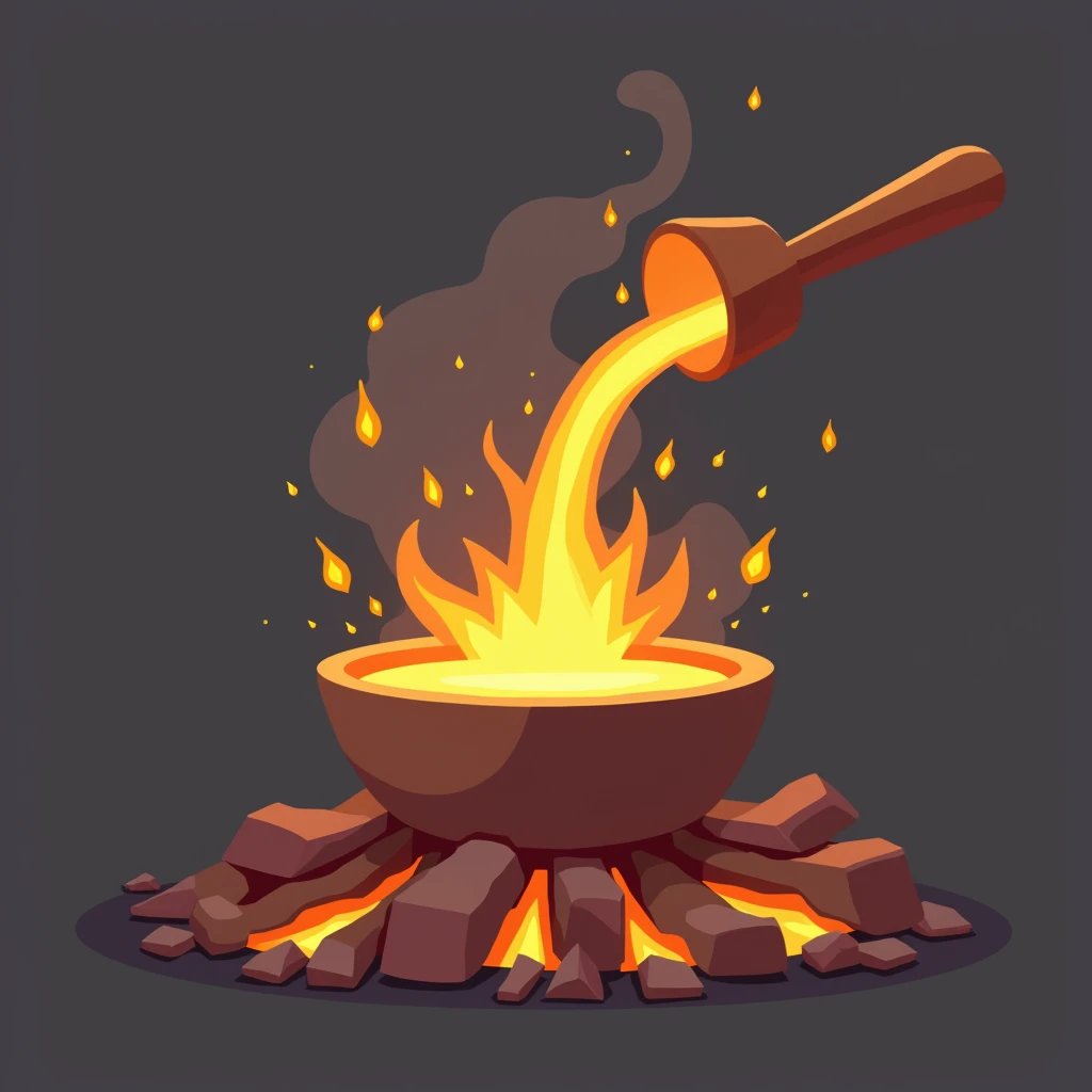 Generate an icon of laddle pouring hot liquid metal, make the smoke and fire sparks coming out of it, make the icon in digital art style using solid colours, make it symmetrical and use geometric shapes only.