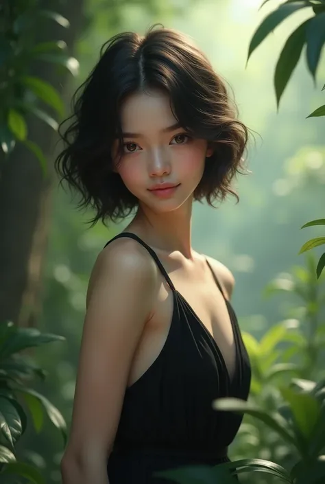 Girl  with short hair black dress and brown eyes with nature background 