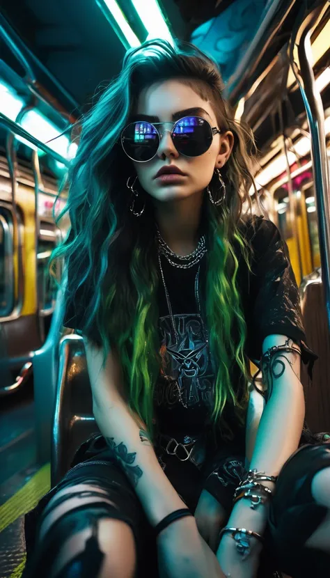 Close-up of a young woman with a dark, edgy aesthetic sitting on a subway, in a low-angle view that emphasizes her intense expression. She has pale skin, long, dark wet wavy hair partially covering her face, and is wearing large round sunglasses with a ref...