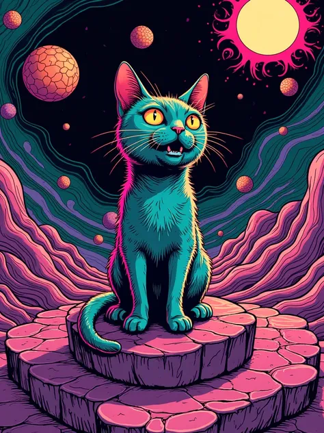 IMG_5823.CR2: ((Masterpiece)), ((ultra-detailed, 8k quality)), (top quality), (best composition), (high resolution), fusion of psychedelic, surrealism, and comic book styles, a trippy and surreal cat sitting on swirling, floating stone steps, vibrant neon ...