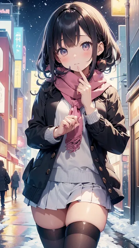 (((masterpiece,  Hi-Res, Best Quality,  anatomically correct,  high detail ,  Ultra High Definition,)))、kawaii、JK、Winter uniform、 Its Snowing 、Snow Scene、 in the city at night、Cardigan、scarf、Put your fingers on a scarf 、mouth on scarf、（scarf with a harpoon...