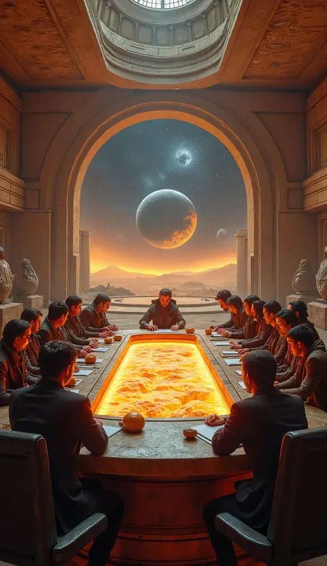 Visualize a 4K image of a historic peace treaty signing on an alien planet. The setting is a grand hall that combines natural elements like stone and wood with high-tech interfaces. Humans and aliens are gathered around a large, ornate table made of a glow...