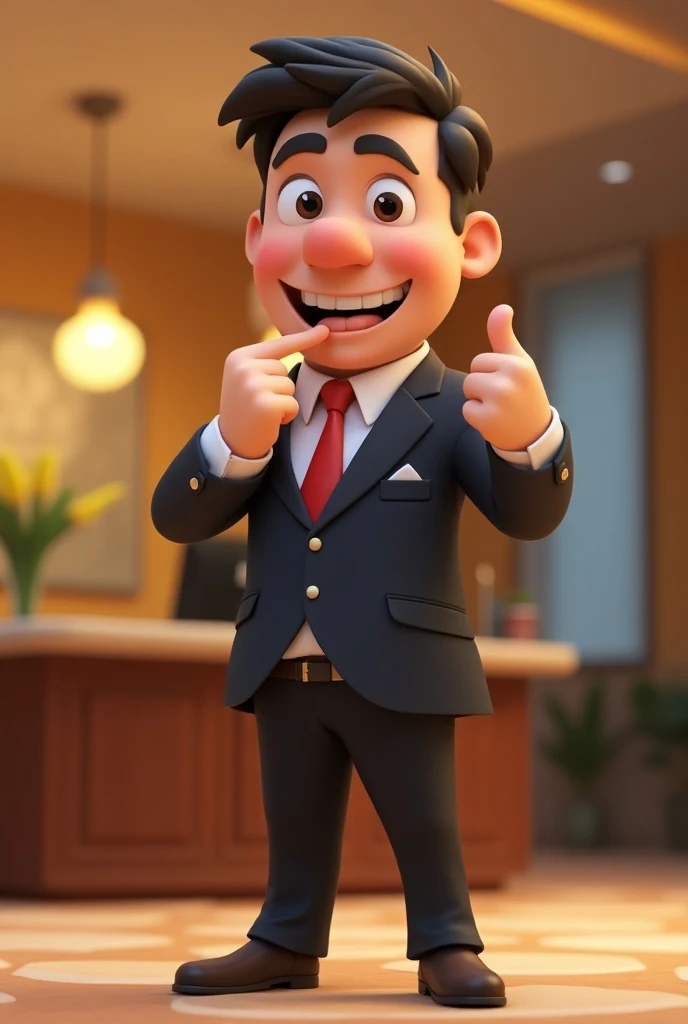 Ek hotel ka manager Jo Apne hotel mein Khade hokar Apne munh mein do ungaliyan dekar funk maar raha ho bahut Tej cartoon animation mein aur 3D mein