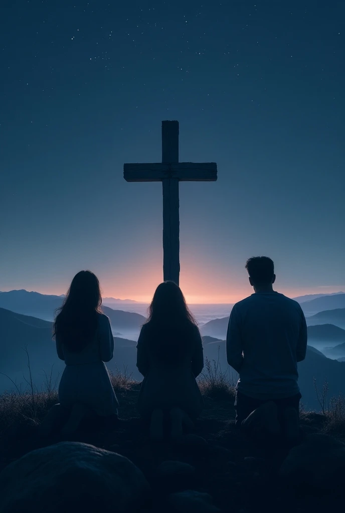 I need an image of 3 people praying to jesus cross on a hill top at night. Stars in the sky
