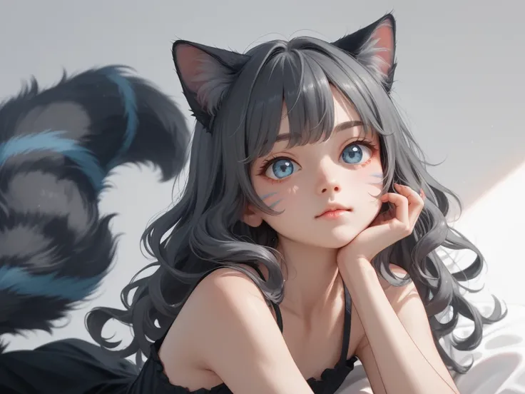 solo, cat girl, :3, teenager , blue eyes, dark gray hair, gradient black hair, wavy bob, big gray cat ears with black and blue stripes, fluffy big tail gray with black and blue stripes. синие котячие полоски на щеках
