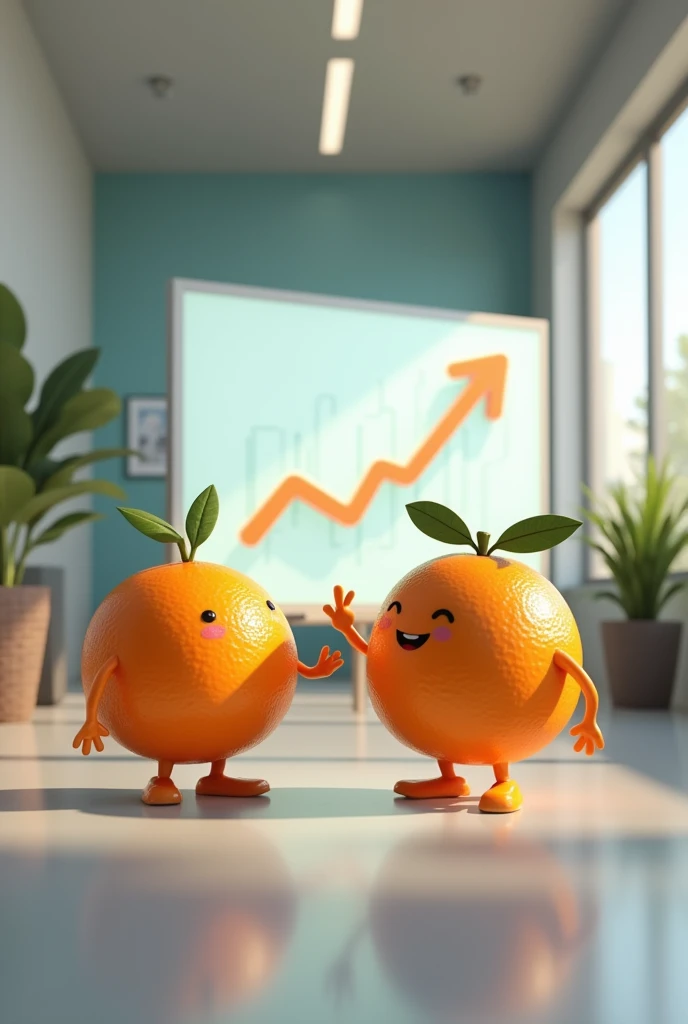 Two tangerines are looking at a graph that is going up and one of them shows a like, and this happens in a 3D office, the graph on the board should be 