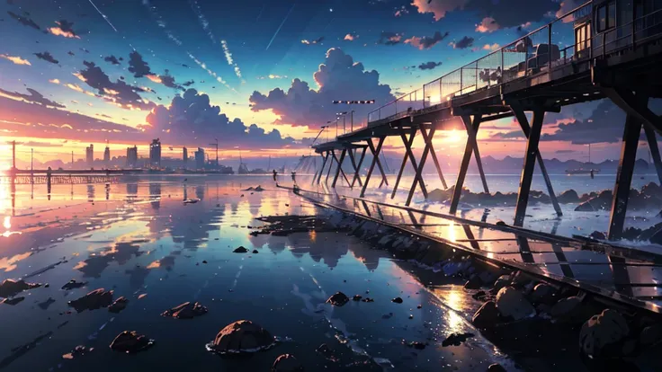  High Quality Masterpiece  ，landscape，Reflector。 Works by Makoto Xin Haicheng,  beautiful anime scene , アニメのlandscape, 詳細なlandscape ,  Animation of a train running over  , Makoto Shinkai style，Blue Sky,morning, Photo Elements  　Seaside　pier　 casual clothes...