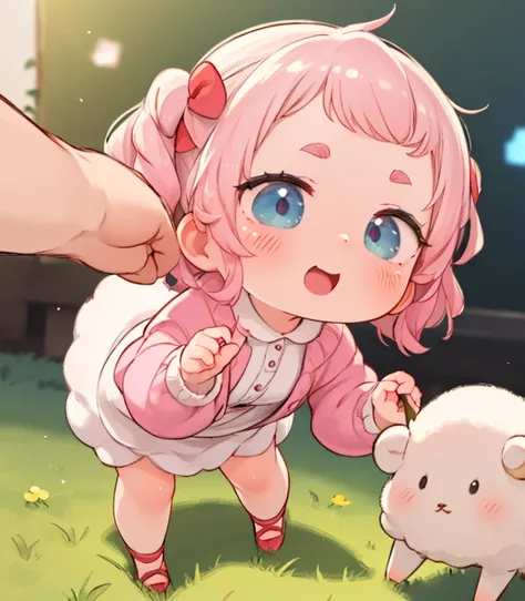 (masterpiece),(最高quality),(  very detailed), 1 very young girl(smile, cute,  open your mouth, (Fluffy hair:1.5), (hair floating),big eyes,Eyes of the Universe,長いhair, hair(wool),  Pink Hair, ((glorious hair)), eyebrow, (((Thick eyebrows))), Pink ruffled dr...