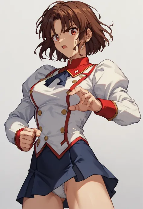 Mitsuzuri、Brown Hair、 score_9、 score_8_up、 score_7_up、、 1 girl、Alone、( white Delmo uniform)、  dark blue tie、Red collar、  Dark Blue Skirts 、  white panties、 Red cufflinks 、  Long Sleeve  、 fighting pose 、 upper body