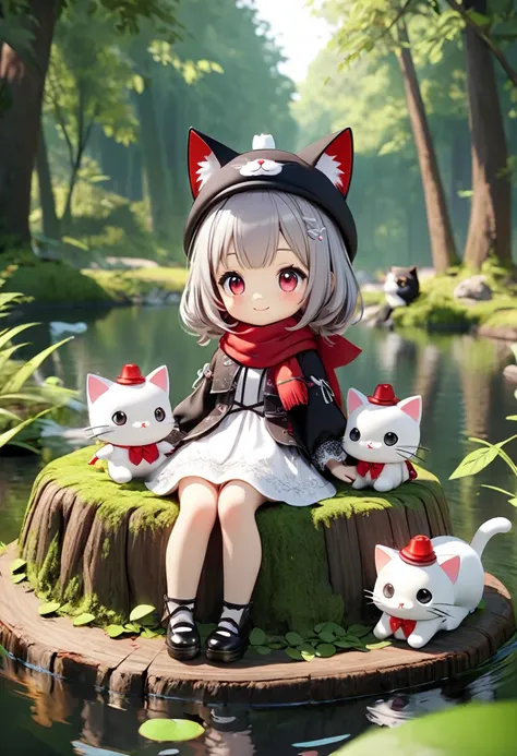 cute girl doll wearing a cat ear hat , cute girl doll wearing red scarf,  red and white gothic dress , Elegant smile,  a doll of a cute girl wearing a red scarf sitting on a large leaf floating in the pond , There is a cute cat next to it , Beautiful fores...