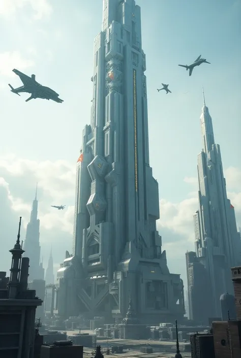 as the Mercury City Tower skyscraper in Neo Polsķí City, Yuktobanian, aslo identical with its details, and colors of The Sci Fi Town, Sci Fi Aircraft through Near The Building, Building Of WarFrame Game Theme.