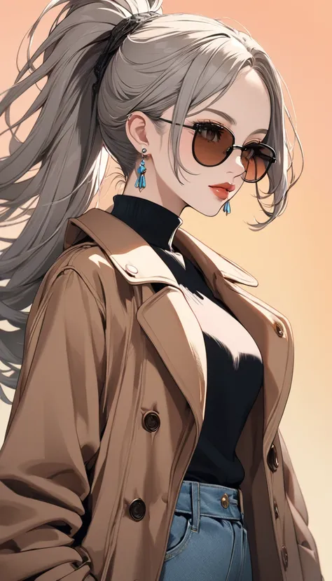 1girl, high ponytail, sunglasses, brown coat, dark turtleneck, small earrings, baggy jeans, plain background, 8k, highres, hyperdetailed, dramatic lighting, cinematic, elegant, beautiful detailed eyes, beautiful detailed lips, extremely detailed face, long...