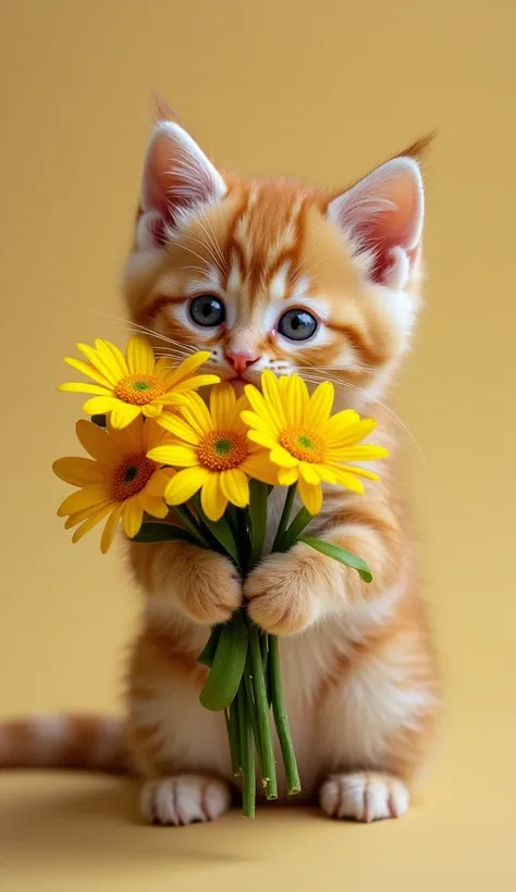 Kitten holding a bouquet of yellow flowers 