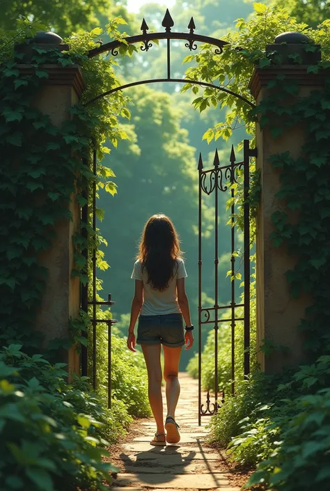 While exploring her grandmother’s overgrown garden, 30 year ella found an old, rusty gate she had never noticed before. 