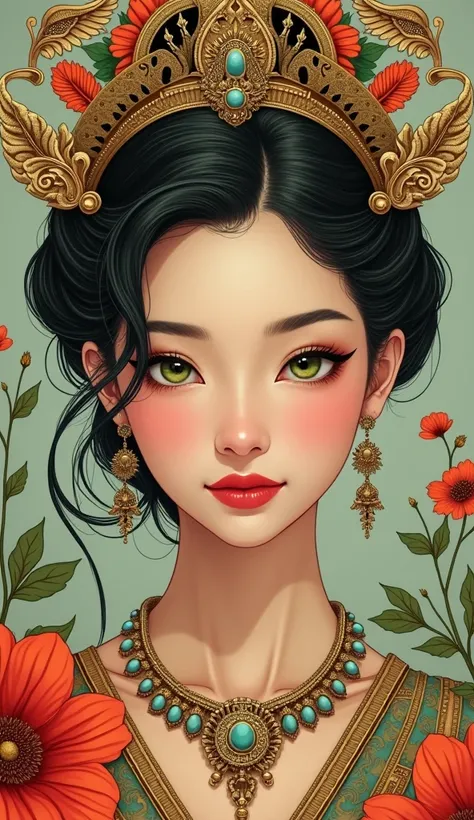 Create an image of art in the style of vintage and Art Nouveau, emphasizing the use of intricate patterns and natural elements. The image of a beautiful young woman wearing a Thai Chakri dress decorated with large red-orange flowers. Her head has a crown w...