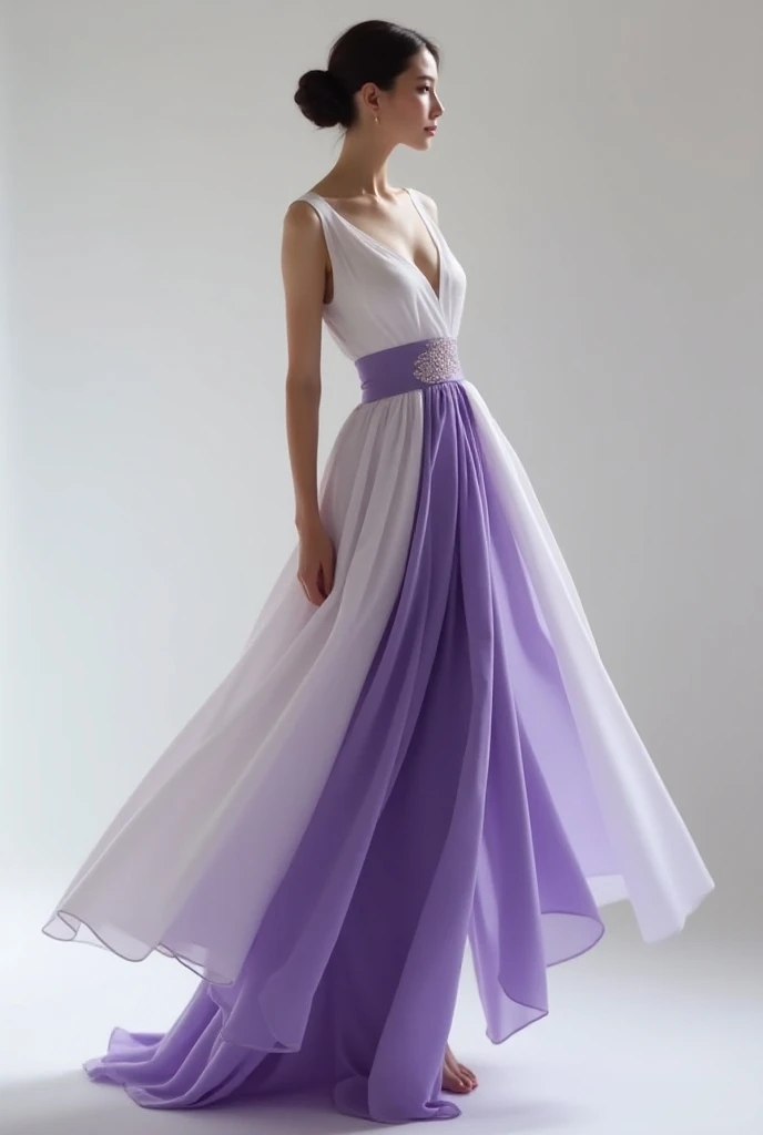 Robe  sexy pour femme, avec une petite touche kimono japonaise à manche un peu courte, avec un petit morceau de bouclier sur lépaule droite de la robe. Couleur autour de violet et blanc.