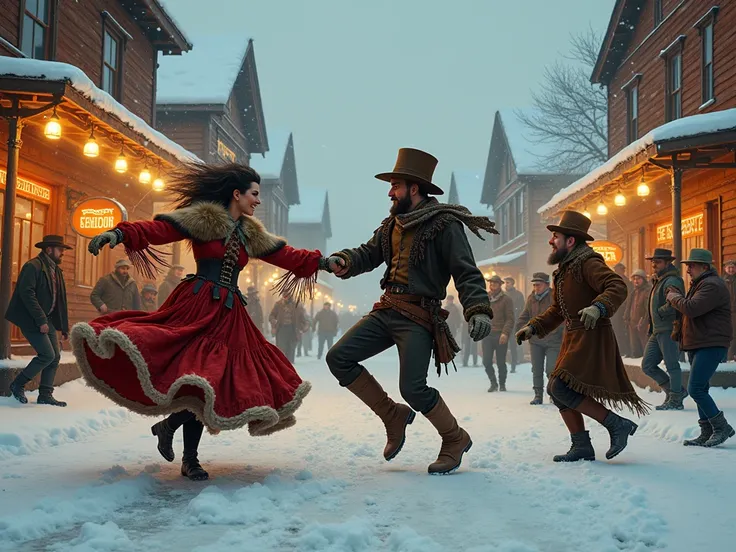 A lively and vibrant scene set in the heart of a rustic, snow-covered Klondike mining town during the Gold Rush era, capturing a moment of jubilant chaos and carefree celebration. The scene is a fusion of historical authenticity and exaggerated, whimsical ...