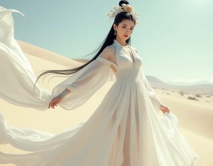 Chinese princess, a woman with long straight hair, big breasts, wears a luxurious, simple, long white shoulder-length Chinese dress, lots of white floral hair ornaments, high hair boxing, looking at the camera, holding a long white cloth, a lot of fabric, ...