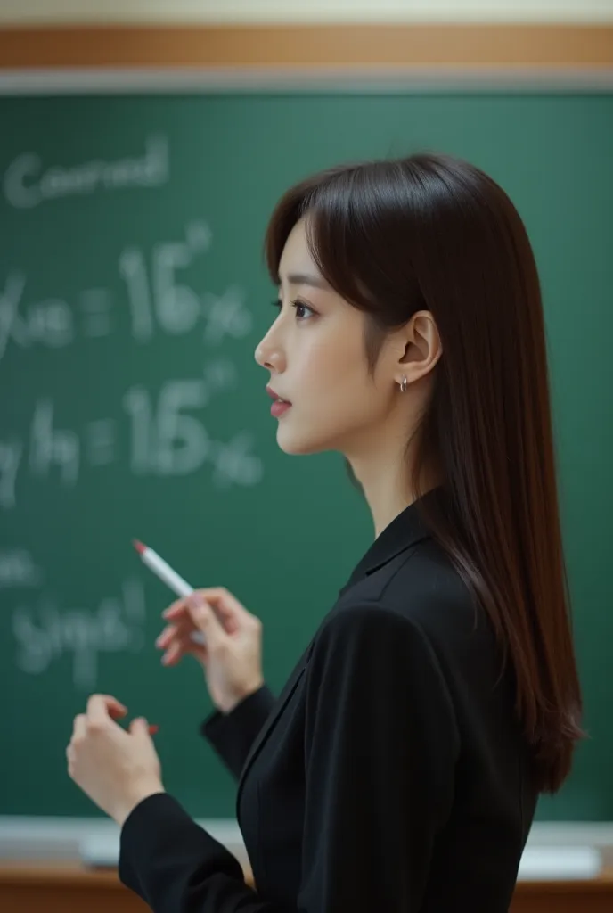 perfect composition, proper placement, from side:1.331, extreme close up, ( japanese woman described in front of the blackboard)...