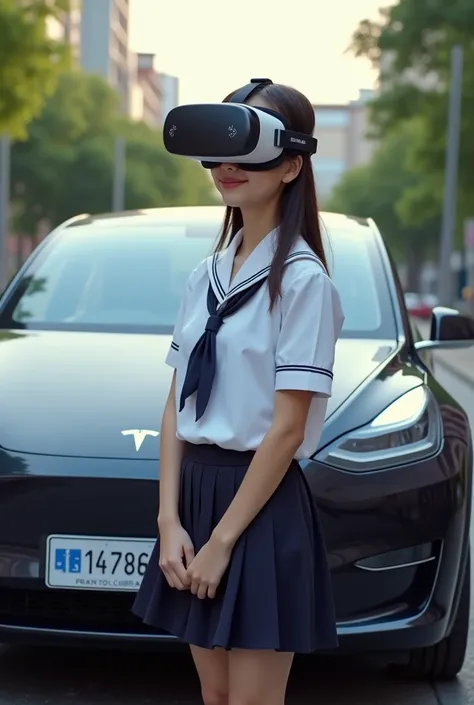 Virtual reality photo of Thai girl wearing student dress standing in front of Tesla car