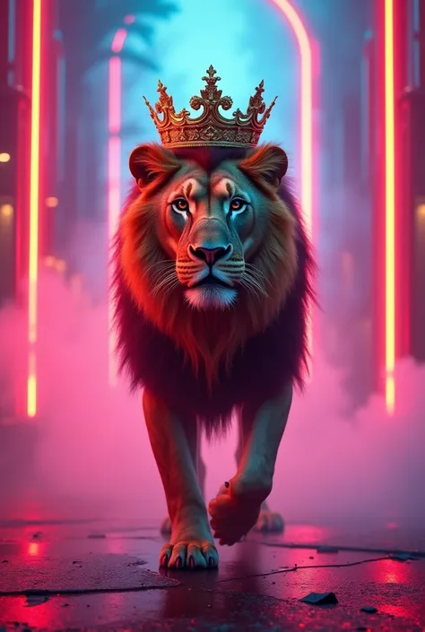 A lion with crown coming to us neon light