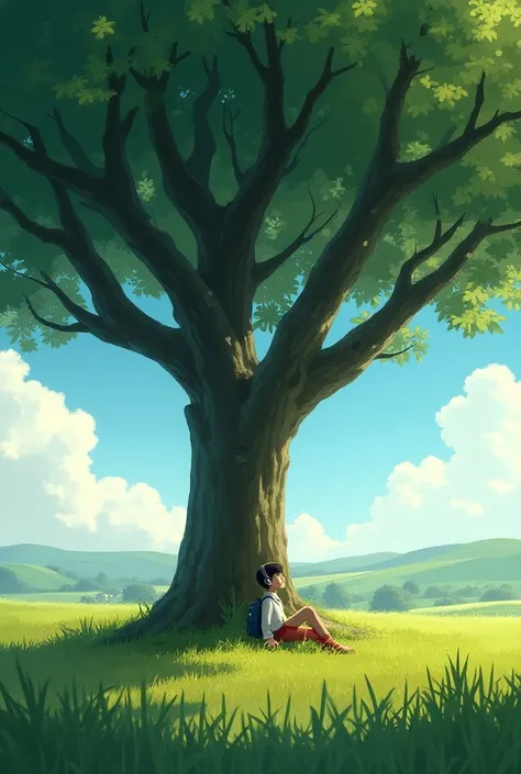 A big tree in the field and a boy sit down the tree and listening song 
16 k photo quality 
