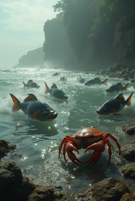 "A school of piranhas swimming swiftly in the murky waters of a river, their sharp teeth visible as they move together in coordinated motion. In contrast, a large crab stands on a rocky shoreline, its tough exoskeleton glistening under the sunlight. The cr...