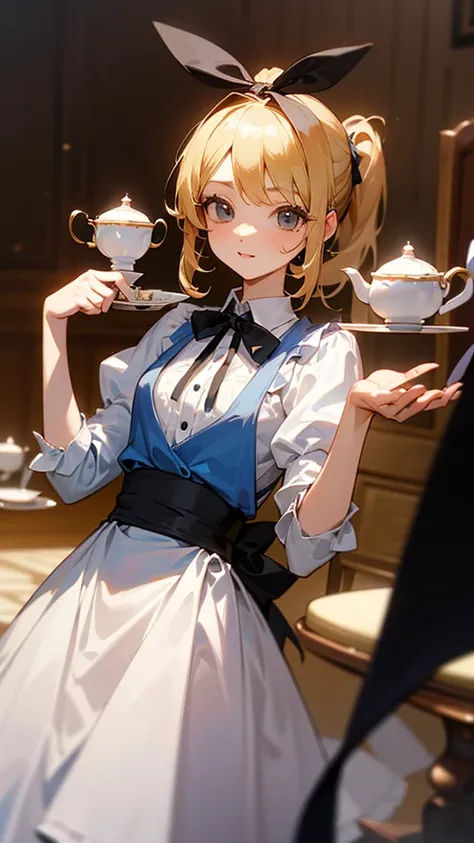  Hi-Res,  blonde perm ponytail、One piece like Alice in Wonderland、black ribbon on the head
A dress like Alice in Wonderland having a tea party 。
Mysterious tea party 。