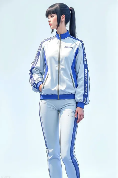  Create a sports jacket model with a white half-cotton, half-polyester fabric.  Put the “Unikone Sport” logo in blue on the left side of the jacket , the same on the top of the pants near the right pocket . Ajouter des accents décoratifs  en  bandes des ép...