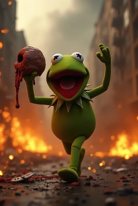 Madly muppet with bloody head of ninja kermit in his hands walking through the streets while buildings are burning in the background and a label with the letters AON on it.