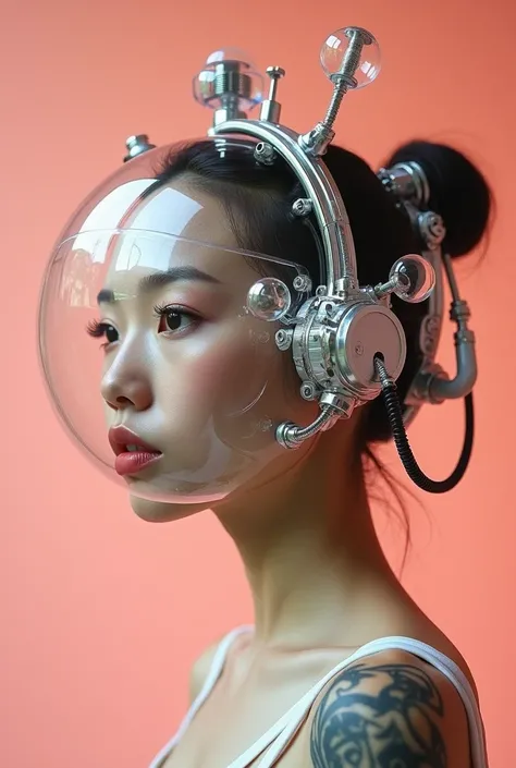 ((RAW Photo)The image features a young  Japanese tattooed cyberpunk woman adorned with a complex and futuristic headpiece made of transparent, mechanical components that resemble parts of a high-tech apparatus or machine. The headgear includes various intr...