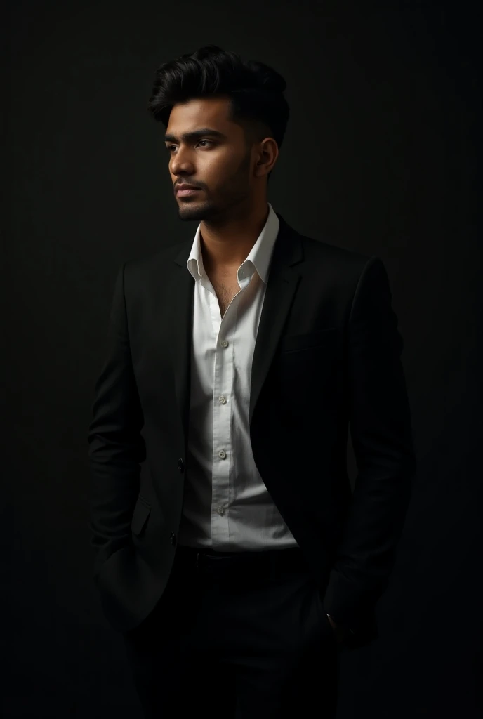 In a darkened studio, the young man is gallantly dressed in a black blazer and white shirt. Standing Style Cinematic Light Formal Corporate Profile Pic, Tough Cool Dark Background, Bangladeshi, Age: 22. Beautiful Hairstyle, dark hair, urban look