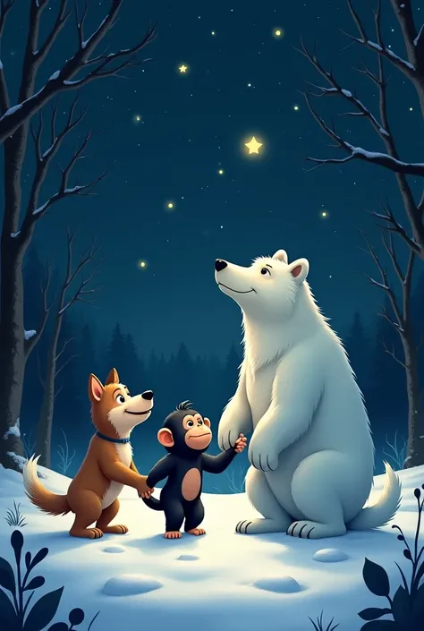 In a forest with snow, Do a dog , chimpanzee,  polar bear and wolf together hand to hand.  The wolf explains something in the starry sky and the dog shows something in the forest. Animation moderate 