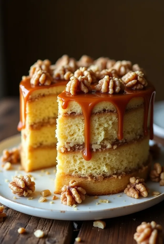  Delicious ba and caramel cake with nuts
Ingredients :
2 1 / 2 cups of all-purpose flour
1 1 / 2 teaspoons of baking powder
1 / 2 teaspoon of baking soda
1 / 2 teaspoon of salt
3 / 4 cup of unsalted butter ,  softened
1 1 / 2 cup granulated sugar
3 large eggs
1 teaspoon vanilla extract
1 1/ 2 cup of ripe ba puree  ( about 3 )
 1 cup of sour cream
1 cup of chopped walnuts
1 / 2 cup of caramel sauce ,  bas plus extra for drizzle
 Extra Nuts  ( to garnish )