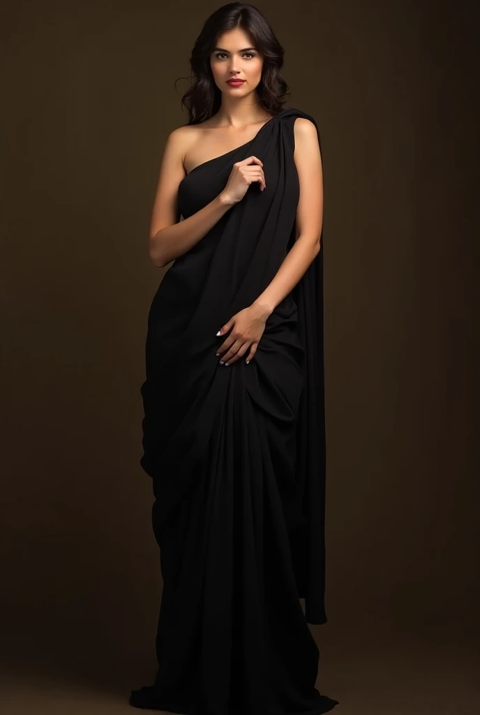 Image of a hot woman wearing a black saree with no blouse or no inners and her entire body is visible from outside. She should be seductive
Remove the bra, her nipples should be visible