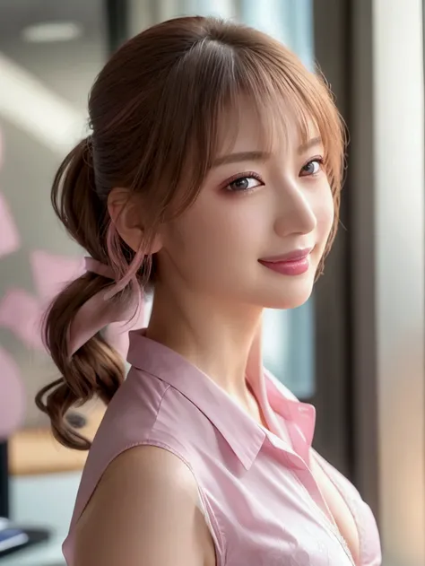 ((Best Quality、8k、masterpiece:1.3))、Realistic、(Beautiful and vibrant background: 1.2), ( very detailed CG,  very detailed, Best Shadow: 1.1), ((depth of field )),(Very delicate: 1.1), (perfect details : 1.1), young woman、(pink formal shirt:1.3)、( sexy unde...