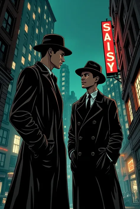 Old school comic  picture of two investigators thinking 