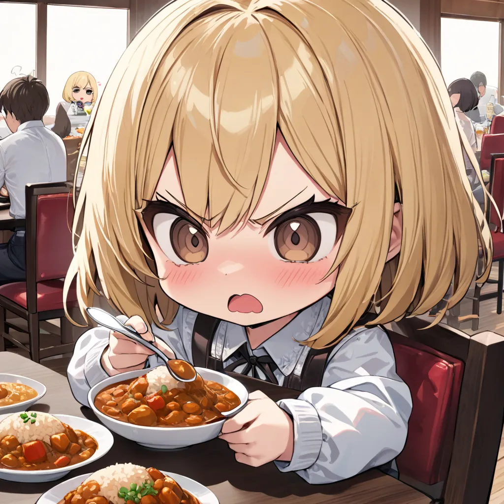 1girl, chibi, fair skin, blonde hair, bob, big droopy dark brown eyes, 
in restaurant, many tables, many chairs, sitting on chair, curry rice, hold on spoon,
disgust, surprised, scowl,
pastel, (masterpiece, best quality, hyper detailed:1.2),