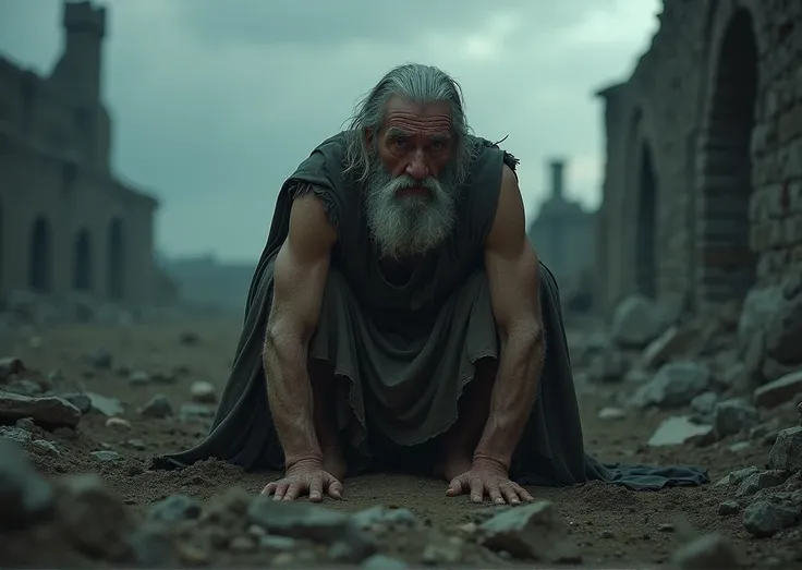 Job biblical character old man on sad knees and suffering destroyed medieval cinematic scenery in 8k
