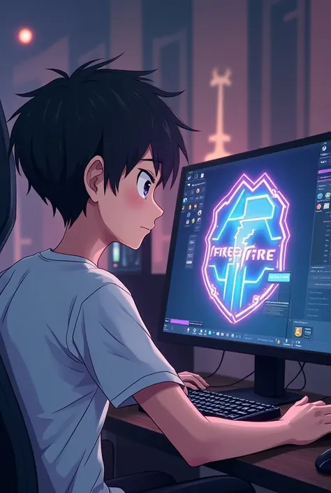 A anime character boy in white shirt infront of computet watching logo of free fire game