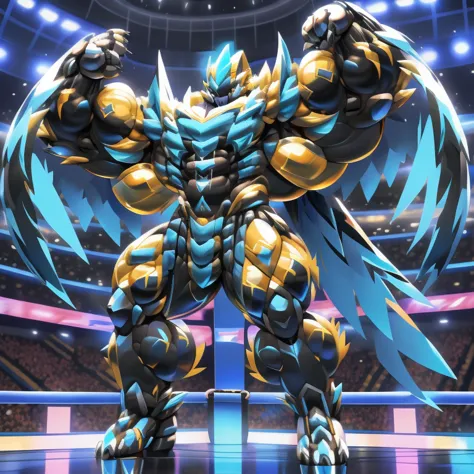 (zeraora, 8K), (zeraoras giant robot, Powered exoskeleton with the same design as zeraora), (Masterpiece, highres) (Detailed head, Detailed Body, Detailed abs, full body) (gigantic muscles, Gigachad Muscular, big muscle, pecs, triceps, traps, unusually dev...