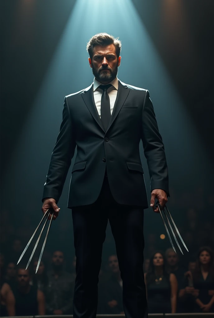 Wolverine is wearing a suit and standing on stage while being illuminated 
Please draw Wolverines weapon correctly
Where did your finger go?