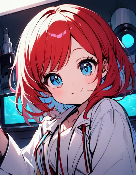  Beautiful girl with short red hair and blue eyes. Shes wearing a scientific white coat . Shes in the lab . We look at the viewer with a sweet little smile .Her cheeks are a little red .