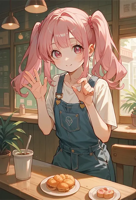 masterpiece, best quality, ultra detailed, a girl, grinning, looking at viewer, twintails, pink hair, pink eyes,overalls,in the cafe, in the afternoon, cute, kawaii, anime,hands up, elbows on table, face palm